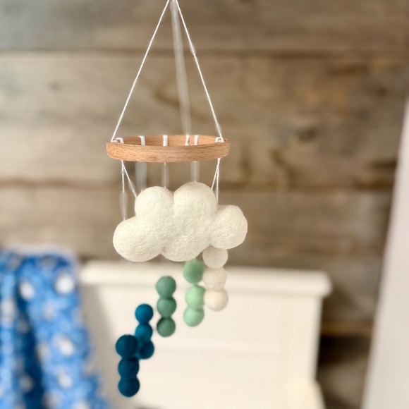 Handmade Mini Baby Mobile- Felt Cloud with Blue Rainstorm Poms - Picture 4 of 8